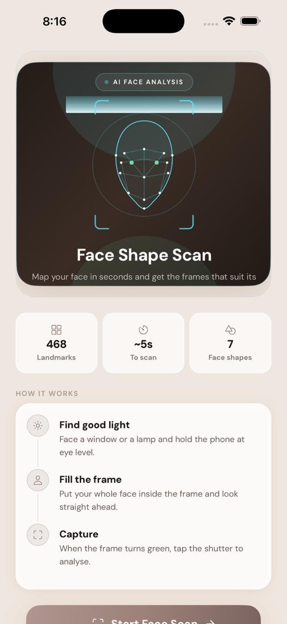 M-Optic app AI face shape detector recommending prescription eyeglasses tailored to facial features
