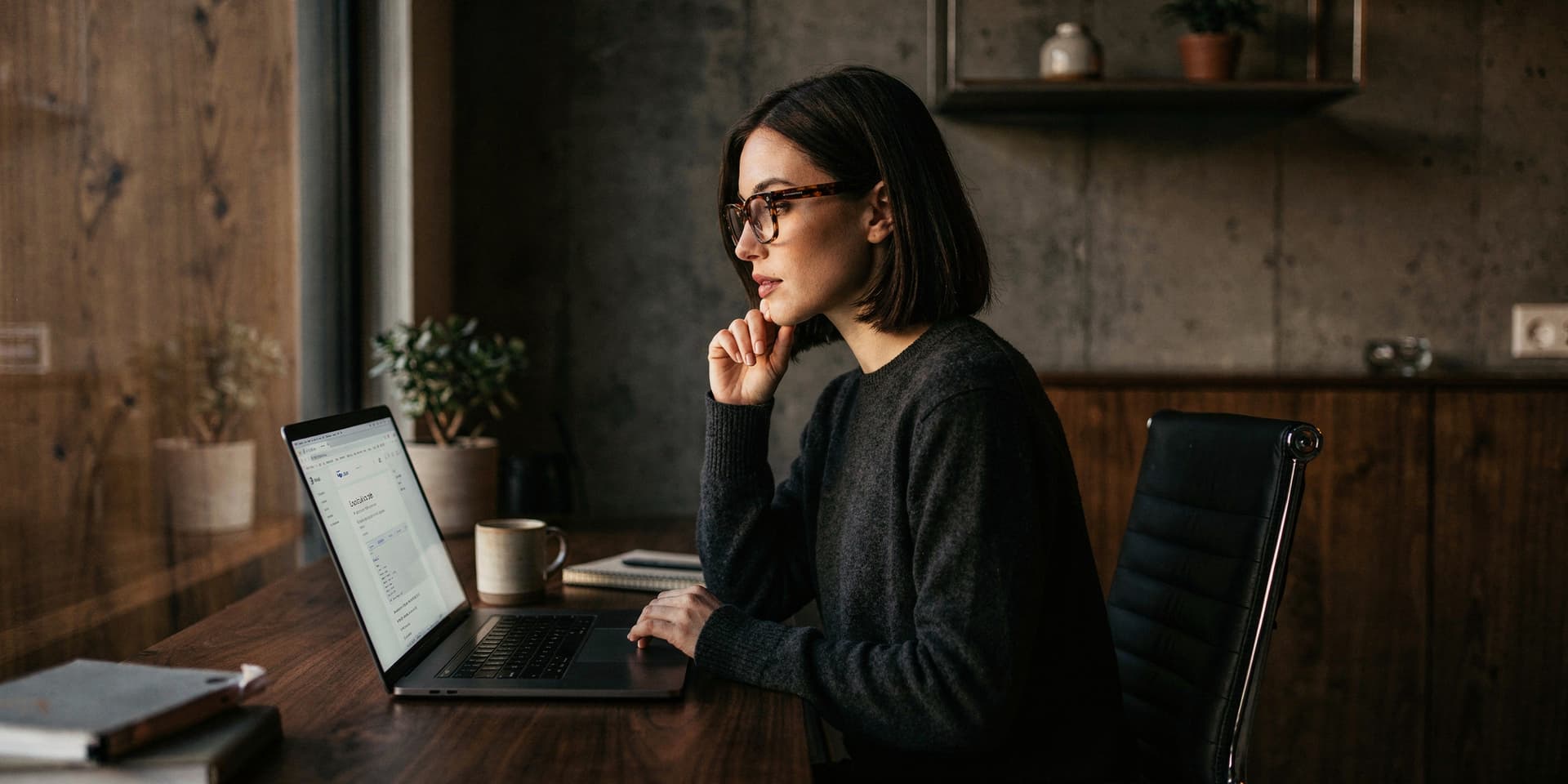 Woman wearing tortoiseshell eyeglasses working at a laptop